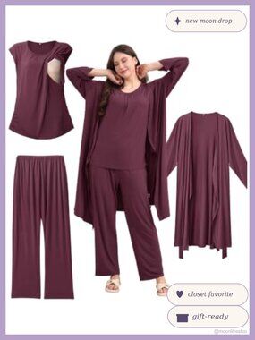 3 PC Nursing Pajama Set Maternity Postpartum Robe Sleepwear
